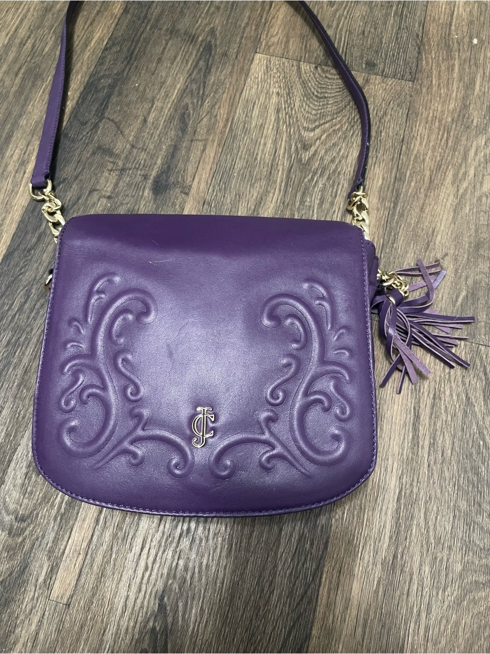 Vintage Juicy Couture Olvera Purple Carved Leather Crossbody Bag Y2K - Picture 3 of 14